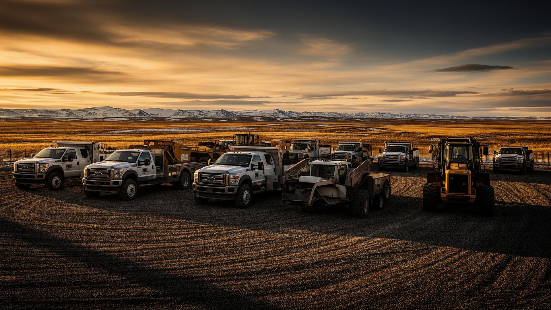 Fleet of work trucks and heavy equipment at sunset on an Edmonton dealership lot